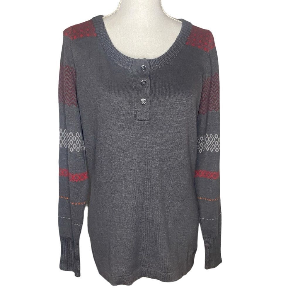 Woolrich Wm’s Sz Med Gray Slate Red Cotton Blend Avalanche Henley Tunic Sweater